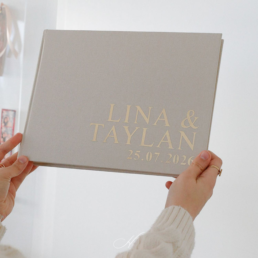 2-in-1 Gästebuch & Fotoalbum Hochzeit A4 – Leinen Beige – personalisiert mit Gold, wahlweise mit Prägung. Erinnerungsbuch Hochzeitsgästebuch 14Shubat
