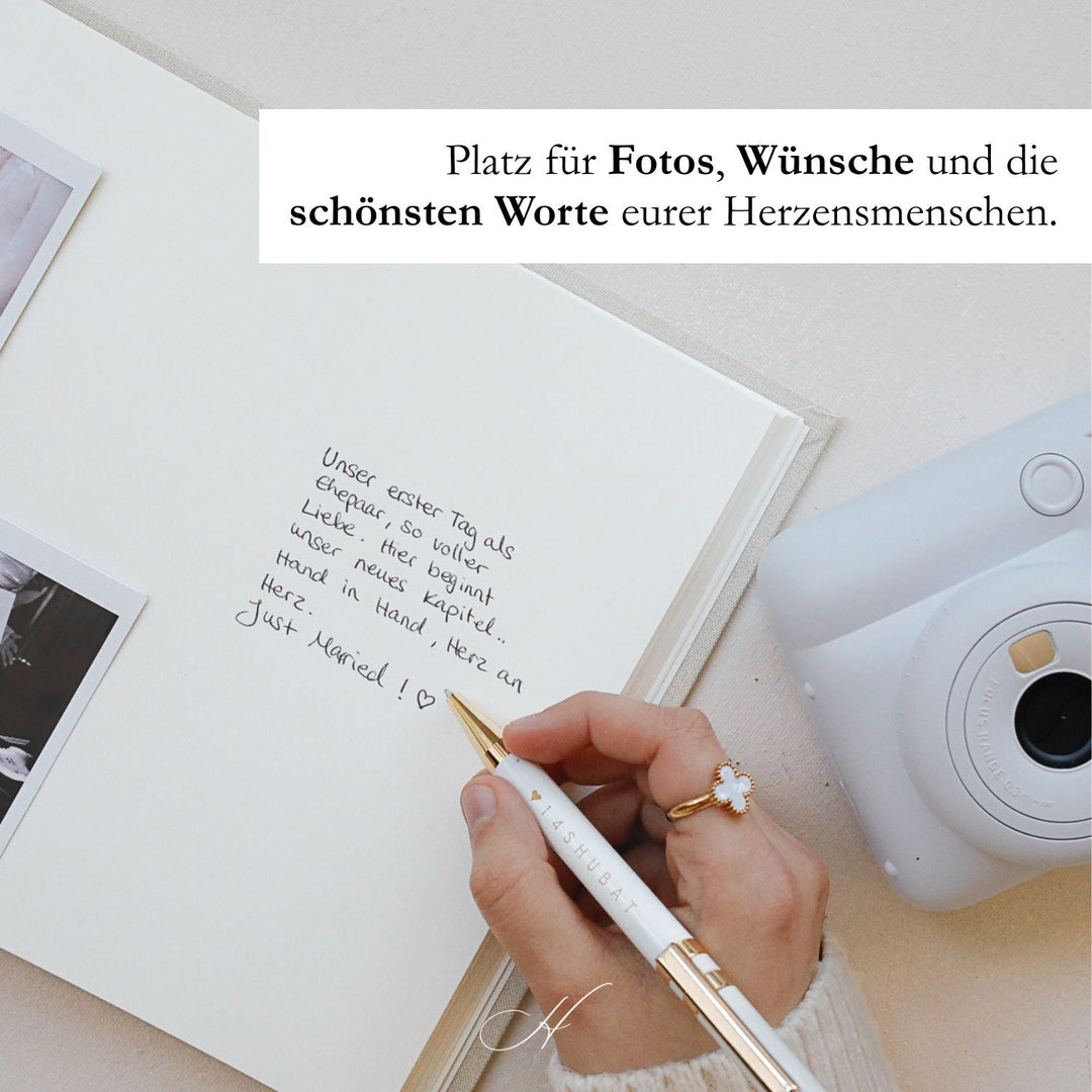 2-in-1 Gästebuch & Fotoalbum Hochzeit A4 – Leinen Beige – personalisiert mit Gold, wahlweise mit Prägung. Erinnerungsbuch Hochzeitsgästebuch 14Shubat