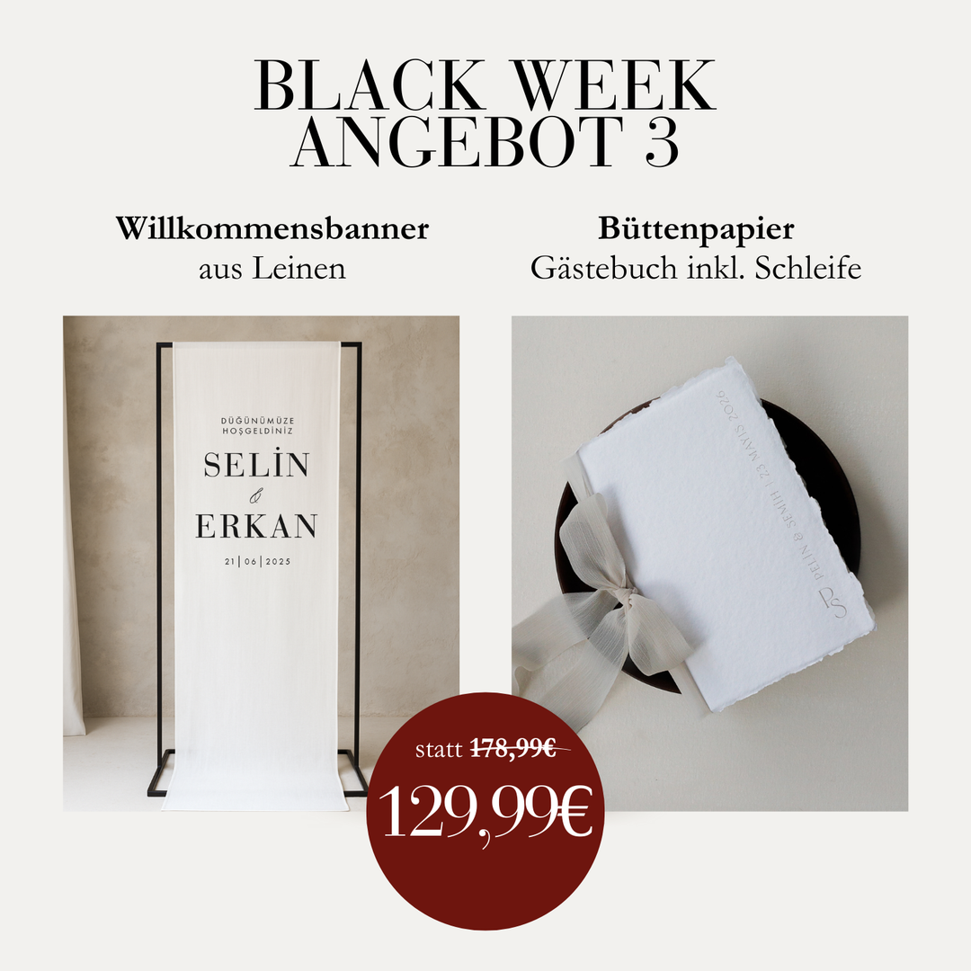 Black Week Angebot 3 - Willkommensbanner &  Hochzeitsgästebuch aus Büttenpapier Hochzeitseinladung.de
