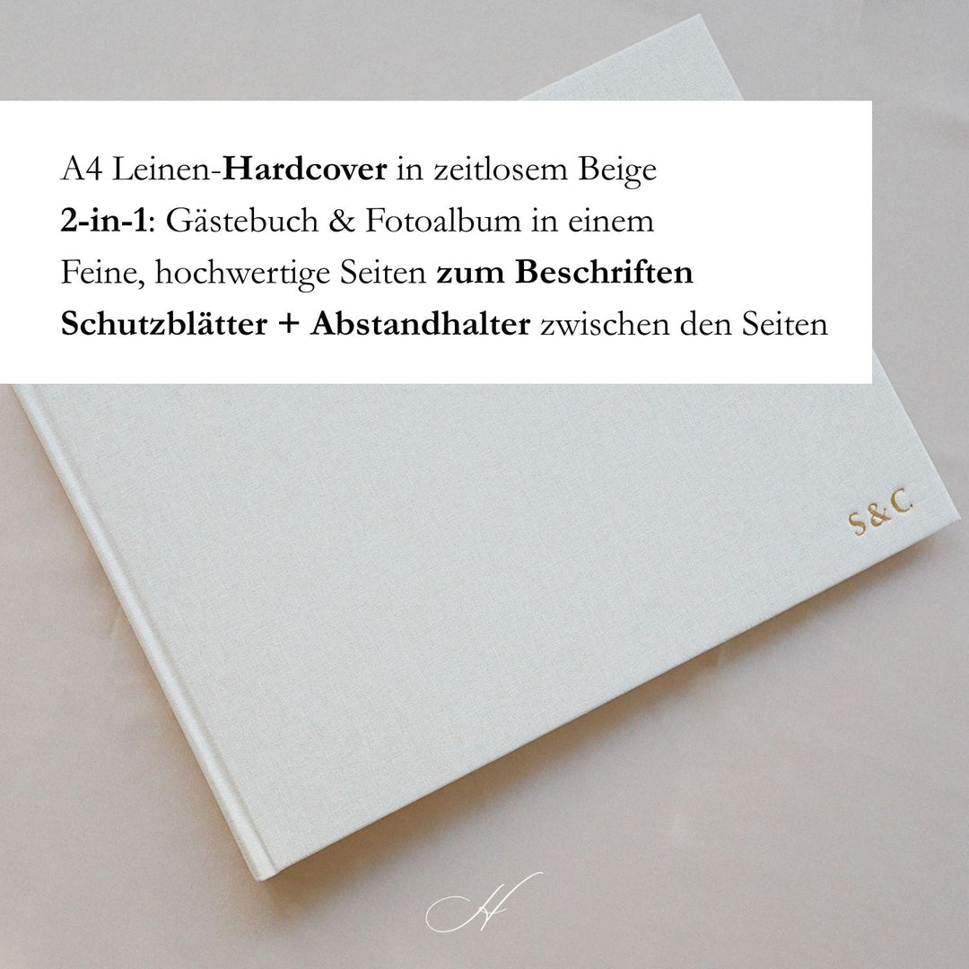 2-in-1 Gästebuch & Fotoalbum Hochzeit A4 – Leinen Beige – personalisiert mit Gold, wahlweise mit Prägung. Erinnerungsbuch Hochzeitsgästebuch 14Shubat