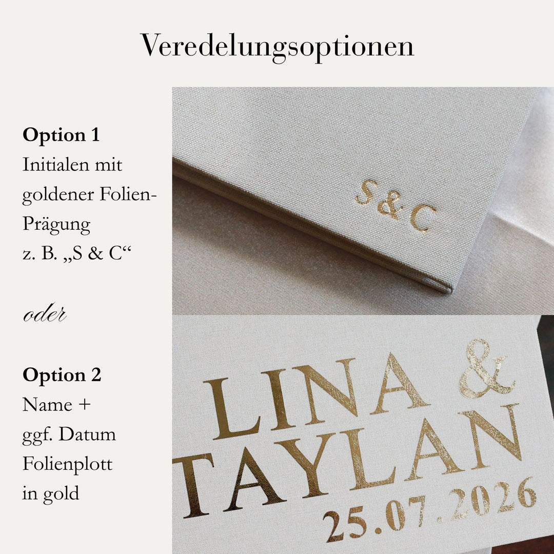 2-in-1 Gästebuch & Fotoalbum Hochzeit A4 – Leinen Beige – personalisiert mit Gold, wahlweise mit Prägung. Erinnerungsbuch Hochzeitsgästebuch 14Shubat