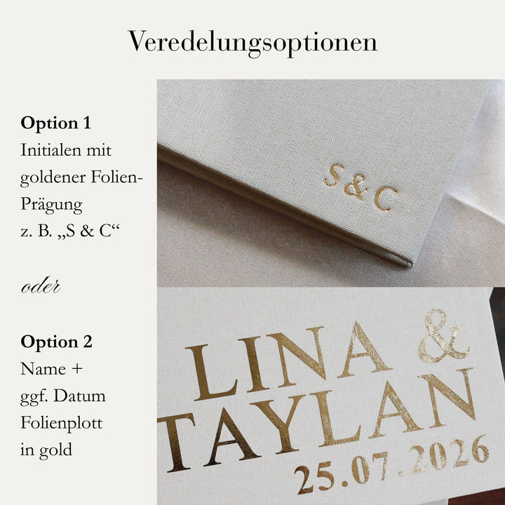 2-in-1 Gästebuch & Fotoalbum Hochzeit A4 – Leinen Beige – personalisiert mit Gold, wahlweise mit Prägung. Erinnerungsbuch Hochzeitsgästebuch 14Shubat