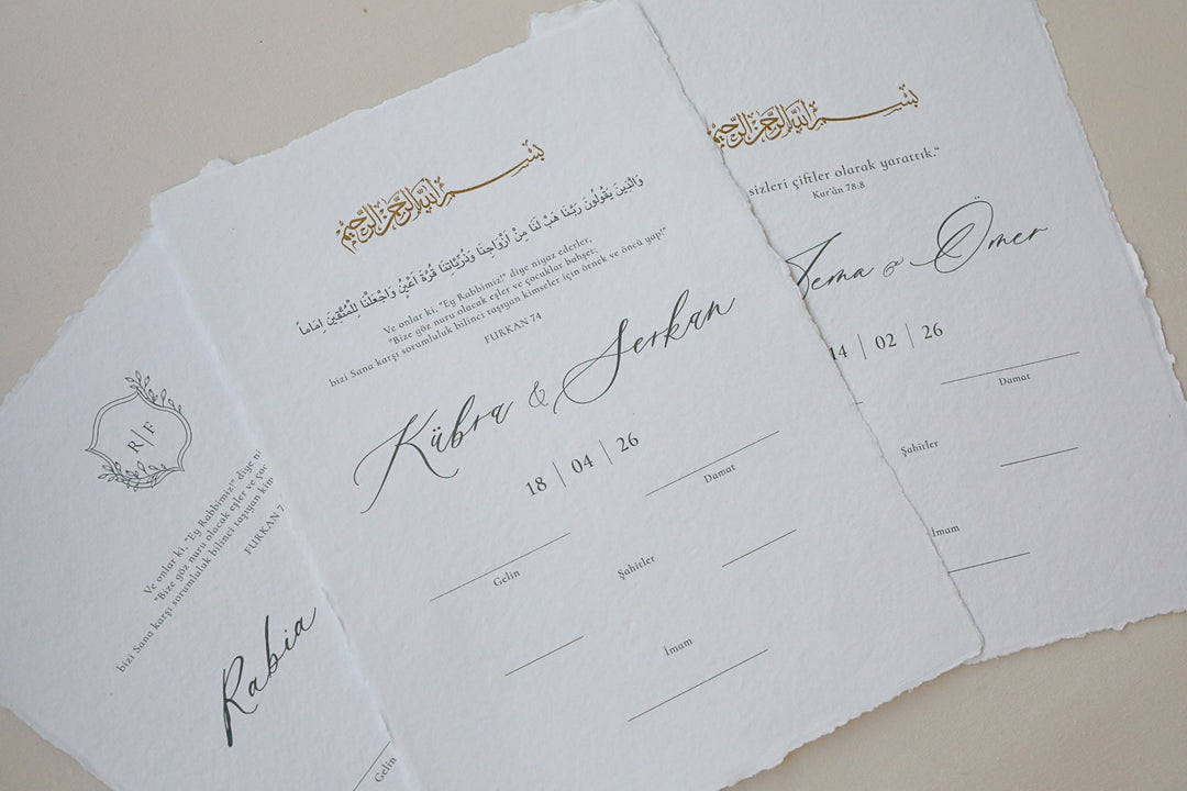 Nikah/Ehe-Zertifikat auf handgeschöpftem Büttenpapier Minimal Design | Dini Nikah Belgesi Hochzeitseinladung.de