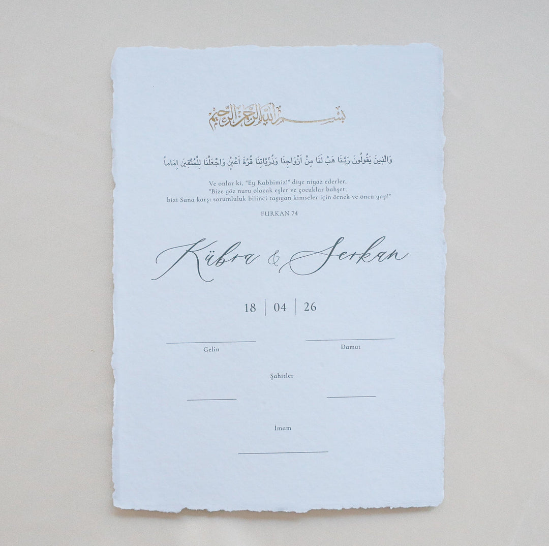 Nikah/Ehe-Zertifikat auf handgeschöpftem Büttenpapier Minimal Design | Dini Nikah Belgesi Hochzeitseinladung.de