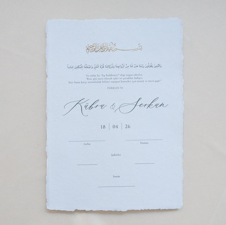 Nikah/Ehe-Zertifikat auf handgeschöpftem Büttenpapier Minimal Design | Dini Nikah Belgesi Hochzeitseinladung.de